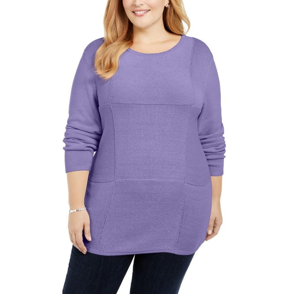 Karen ScottPurple Bliss Blocked Pattern Crewneck Knit Pullover Tunic Sweater 1X